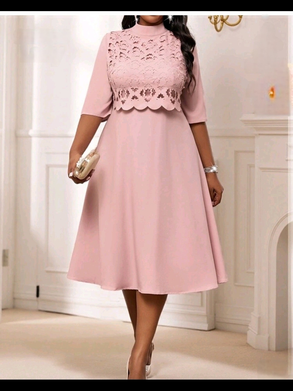 SHEIN Curve Pink Laser-Cut Detail Midi Dress - Plus Size 2XL